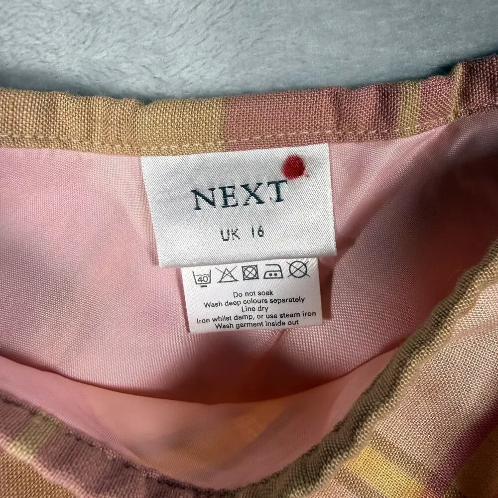 Next Plaid Midi Skirt UK16US12 Pink Tan Check Bias Y2K Preppy A-Line Cottagecore